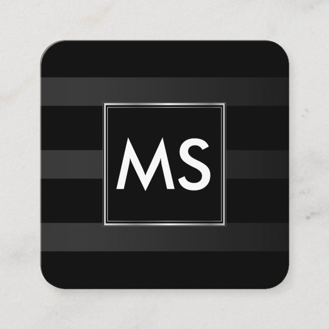 Beautiful Monogram Chic Stripes Faux Silver Frame Square Business Card (Front)