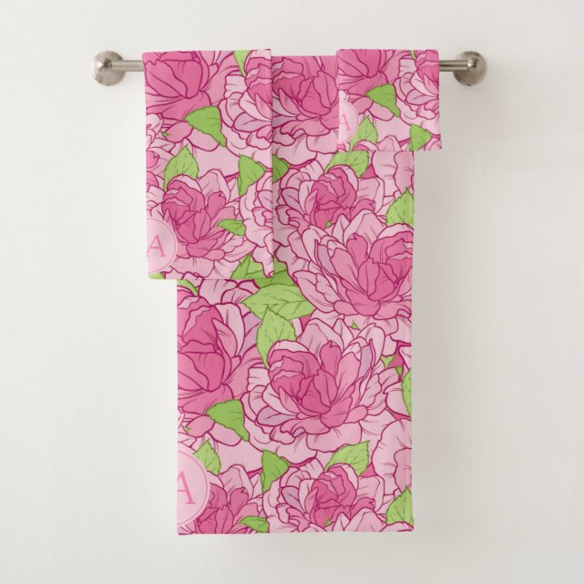 Beautiful Monogrammed Pink Roses Bath Towel Set (Insitu)
