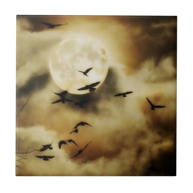 Beautiful Moon Crows Ceramic Tile (Front)