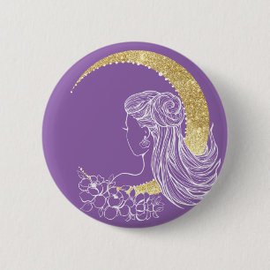 Beautiful moon flowers woman glitter illustration 6 cm round badge