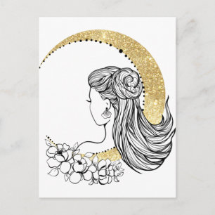 Beautiful moon flowers woman glitter illustration postcard