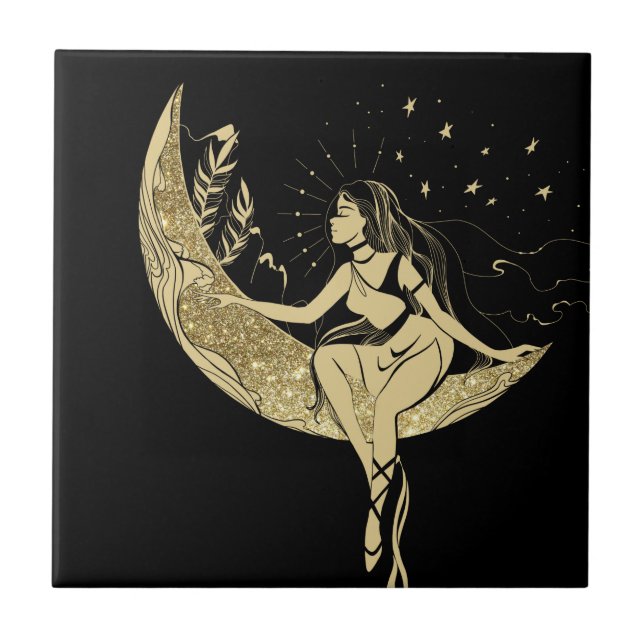 Beautiful moon stars woman art deco illustration ceramic tile (Front)