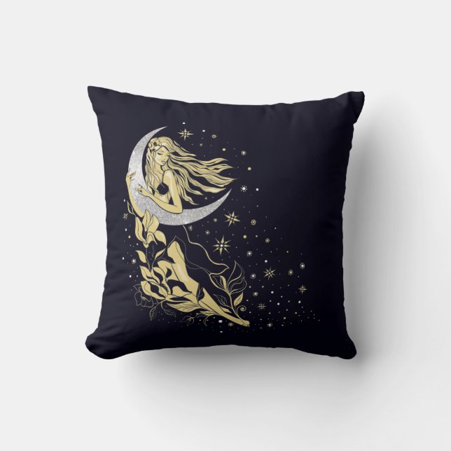 Beautiful moon stars woman art deco illustration cushion (Front)