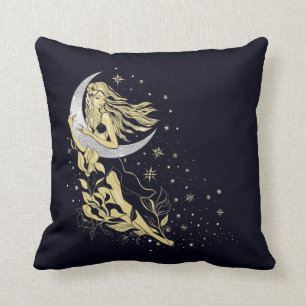 Beautiful moon stars woman art deco illustration cushion