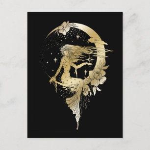 Beautiful moon stars woman art deco illustration postcard