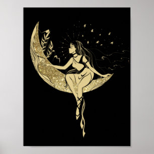 Beautiful moon stars woman art deco illustration poster