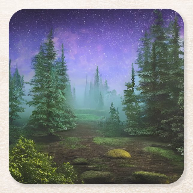 Beautiful Moonlight Wilderness Scene Square Paper Coaster (Front)