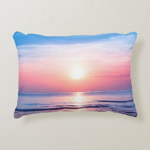 Beautiful morning sunrise, blue sea, pink sky, whi decorative cushion
