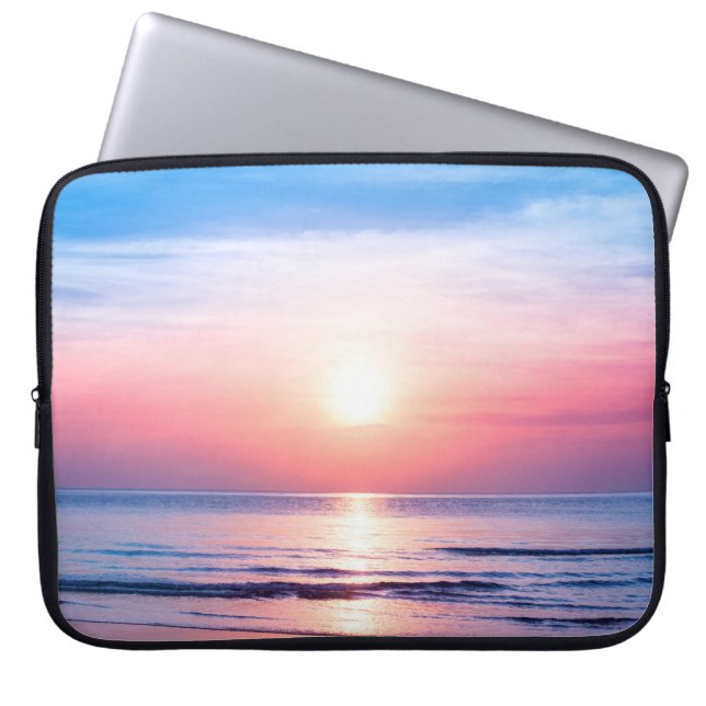 Beautiful morning sunrise, blue sea, pink sky, whi laptop sleeve (Front)
