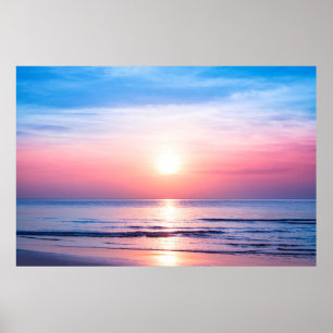 Beautiful morning sunrise, blue sea, pink sky, whi poster