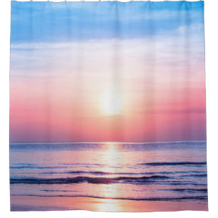 Beautiful morning sunrise, blue sea, pink sky, whi shower curtain