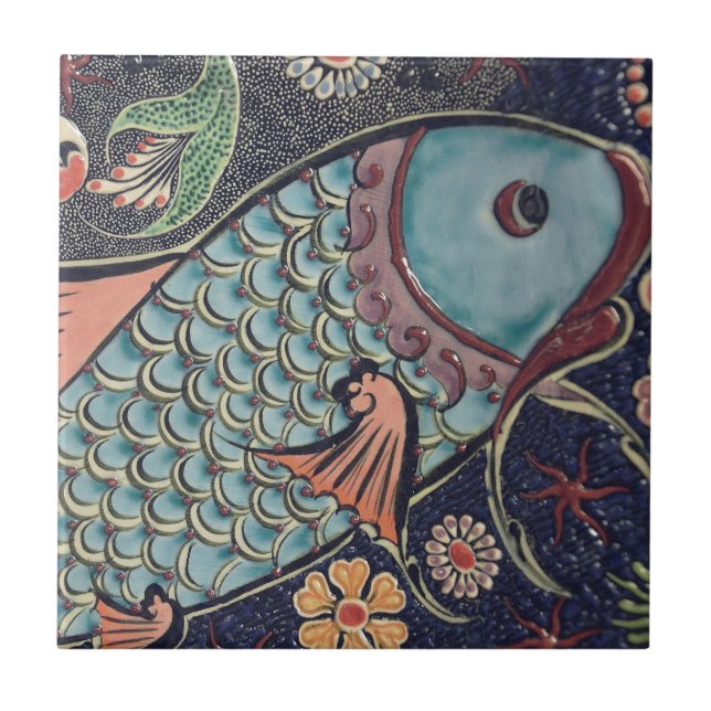 Beautiful mosaic and colourful fish ceramic tile (Front)