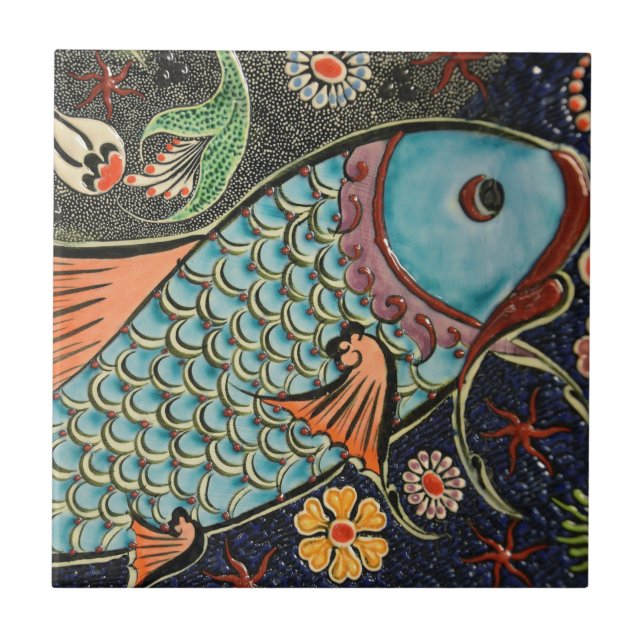 Beautiful mosaic and colourful fish ceramic tile (Front)