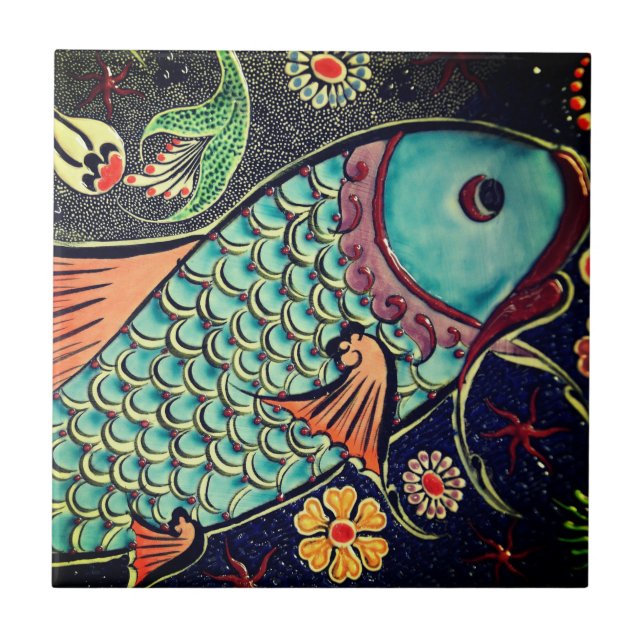 Beautiful mosaic and colourful fish ceramic tile (Front)