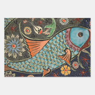 Beautiful mosaic and colourful fish wrapping paper sheet