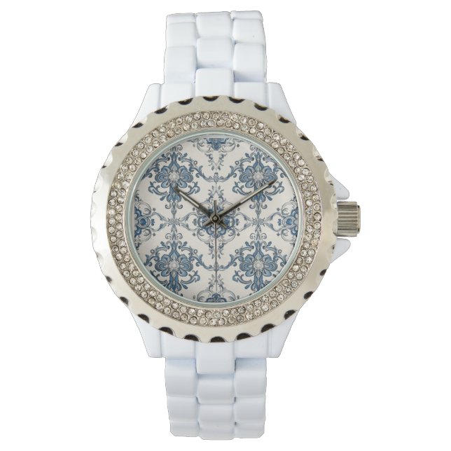 Beautiful Mosaic Blue Silver Pattern, Women Watch (Front)