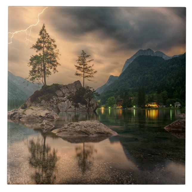 Beautiful Mountain Lake in the Evening Photo Ceramic Tile (Front)