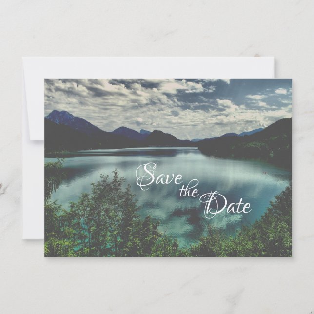 Beautiful Mountain Lake Reflections Wedding Save The Date (Front)