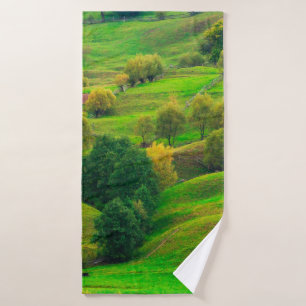 Beautiful mountain landscape in evening sunlight. bath towel