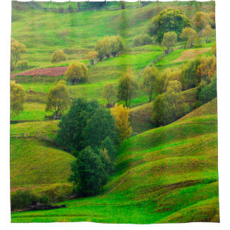 Beautiful mountain landscape in evening sunlight.  shower curtain