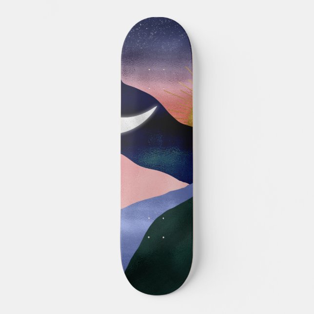 Beautiful Mountain River Moon Sunset Design Skateboard (Front)