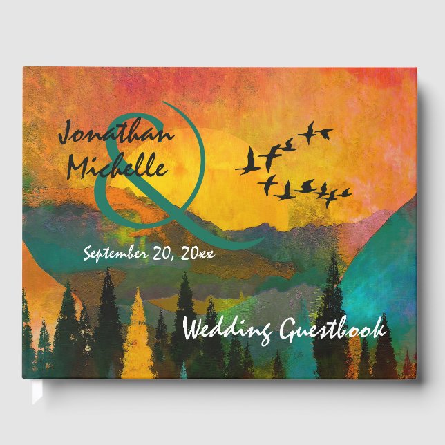 Beautiful Mountain Sunset, Trees and Birds Wedding Guest Book (Front)