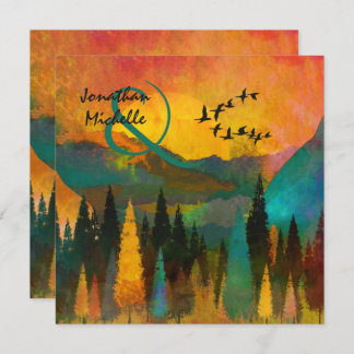 Beautiful Mountain Sunset, Trees and Birds Wedding Invitation