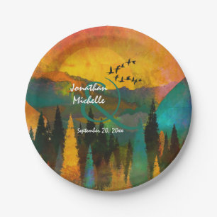 Beautiful Mountain Sunset, Trees and Birds Wedding Paper Plate