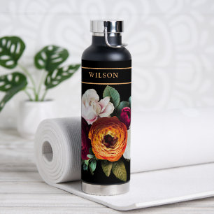 Beautiful Multi Colour Floral on Black / Name Water Bottle
