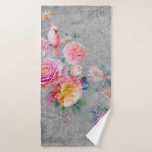Beautiful multi-coloured flowers and birds on conc bath towel