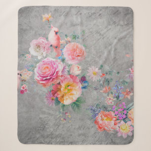 Beautiful multi-coloured flowers and birds on conc sherpa blanket