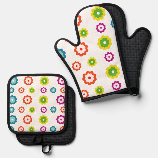 Beautiful multi-coloured flowers oven mitt & pot holder set (Front/Back)