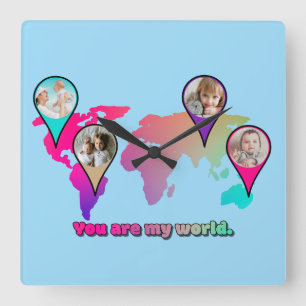 Beautiful Multicolor World Map Photo Collage Square Wall Clock