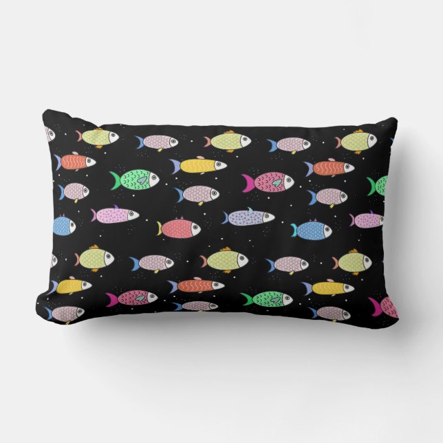 Beautiful Multicolored Fish on Black Lumbar Cushion (Front)