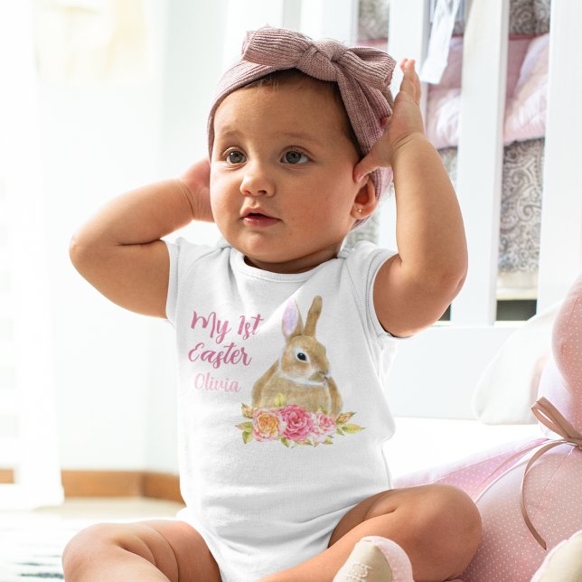 Beautiful My 1st Easter Bunny Flowers Pink Custom Baby Bodysuit (Creator Uploaded)