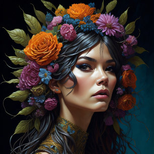 Beautiful mysterious black haired flower woman tissue paper