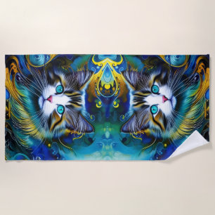 Beautiful Mystical Cat in Blues and Golds Beach Towel