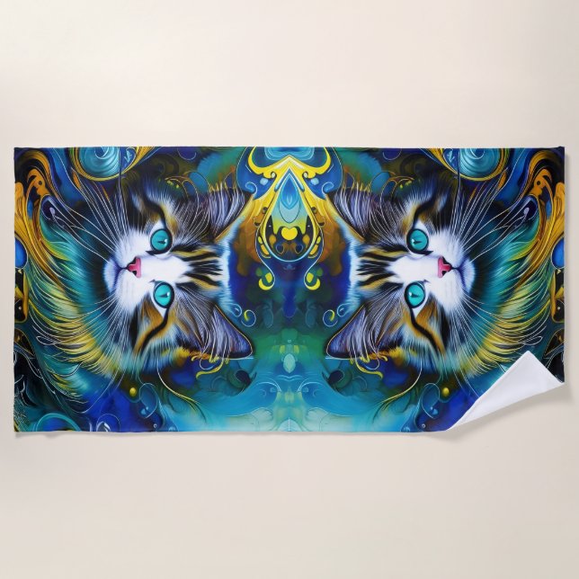 Beautiful Mystical Cat in Blues and Golds Beach Towel (Front)