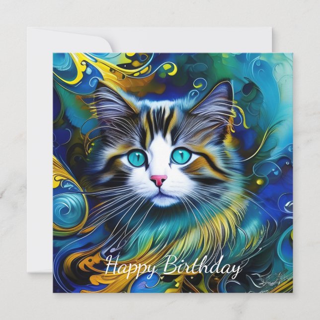 Beautiful Mystical Cat in Blues and Golds Birthday (Front)