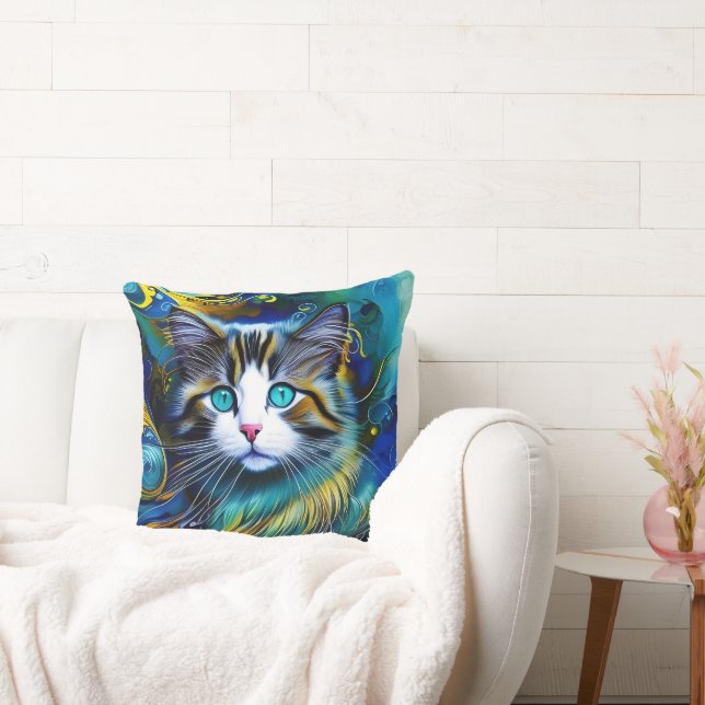 Beautiful Mystical Cat in Blues and Golds Cushion (Couch)