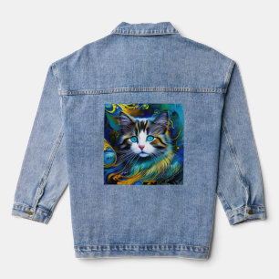 Beautiful Mystical Cat in Blues and Golds Denim Jacket