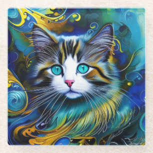 Beautiful Mystical Cat in Blues and Golds Glass Coaster