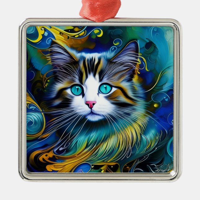 Beautiful Mystical Cat in Blues and Golds Metal Ornament (Front)