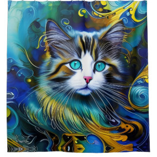 Beautiful Mystical Cat in Blues and Golds Shower Curtain