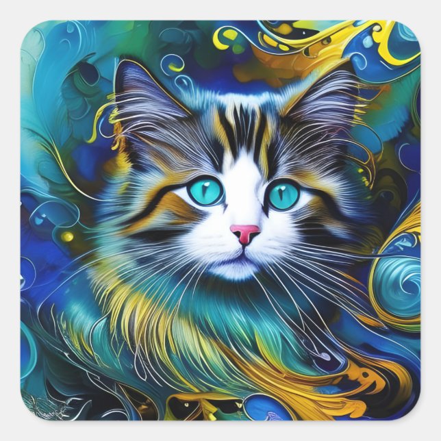 Beautiful Mystical Cat in Blues and Golds Square Sticker (Front)
