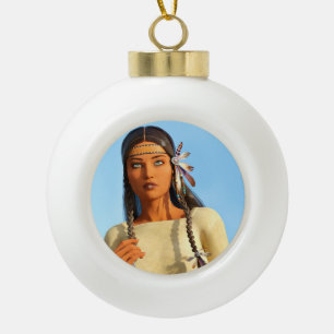 Beautiful Native American Woman Indigenous Outfit Ceramic Ball Christmas Ornament
