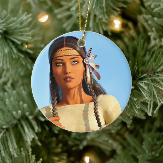 Beautiful Native American Woman Indigenous Outfit Ceramic Ornament (Tree)