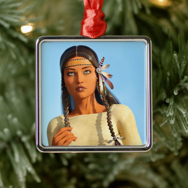 Beautiful Native American Woman Indigenous Outfit Metal Ornament (Tree)