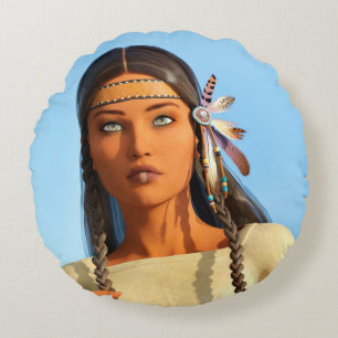 Beautiful Native American Woman Indigenous Outfit Round Cushion