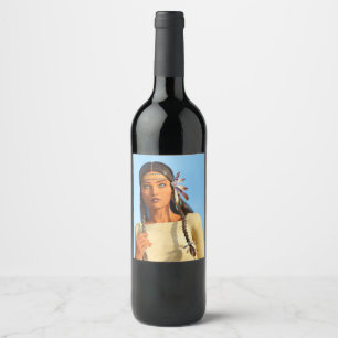 Beautiful Native American Woman Indigenous Outfit Wine Label